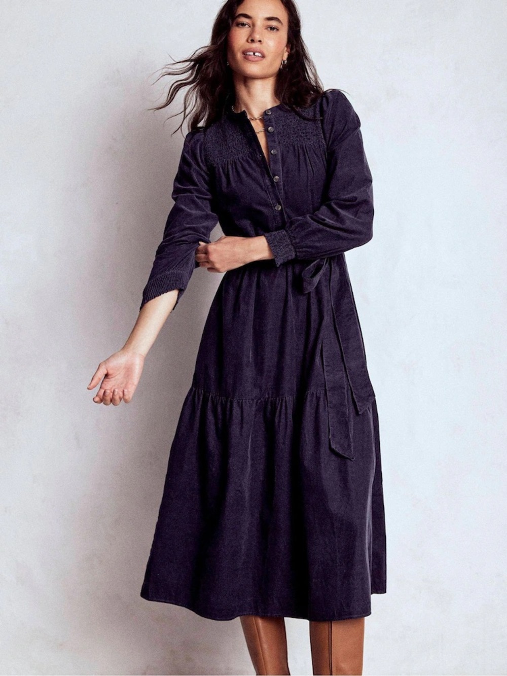 Boden | Blue Corduroy Tiered Dress | 8p - Picture 3 of 11